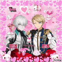 a couple of anime characters standing next to each other on a pink background with hearts