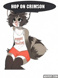 a furry girl wearing hooters shorts and knee high socks is sitting down .