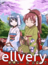 a group of anime girls in kimonos are sitting next to each other on a table .