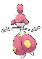 a pink and white cartoon character with yellow circles on the bottom