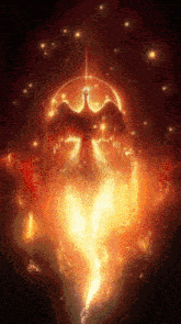 a phoenix is surrounded by flames and stars in the dark