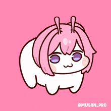 a cartoon drawing of a girl with pink hair and purple eyes on a pink background by @musan_pro