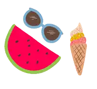 a watermelon slice with sunglasses and an ice cream cone with the words ready set summer written below it