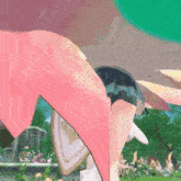 a cartoon character is standing in a garden with flowers and trees in the background