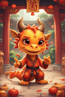 a cartoon of a dragon with chinese writing on a banner