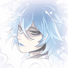 a close up of a person with blue hair
