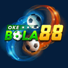 a logo for oke bola88 with soccer balls in the background