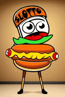 a cartoon character holding a hamburger and a hot dog with a hat that says lotto on it