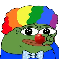 a green frog wearing a rainbow hat and a blue bow tie