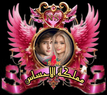 a picture of a man and a woman surrounded by pink wings and a heart with the letters ns on it