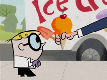 a cartoon character is handing an ice cream cone to another character
