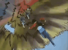 a man in a red shirt and blue jeans is flying through the air