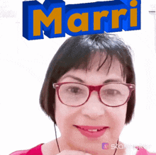 a woman wearing glasses and a red shirt has the name marri on her head