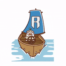 a cartoon drawing of a boat with a blue sail and the letter r on it