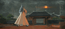 a woman in a white dress is standing in front of a giant ice sculpture with the watermark wbsehuns