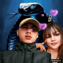 a man and a woman are posing for a picture with a snake in the background and the name tenada on the bottom