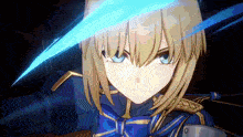 a girl with blonde hair and blue eyes is holding a sword