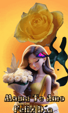 a picture of a woman holding a bouquet of flowers with the words mama te amo feliz dia on the bottom
