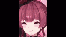 a close up of a anime girl with pink hair and a hat smiling .