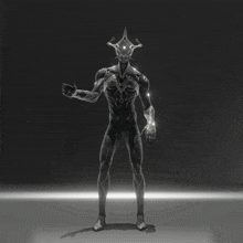 a black and white image of a futuristic looking figure