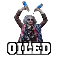 a man wearing an american flag and sunglasses has the word oiled below him
