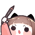 a cartoon girl with cat ears is holding a pen in front of her face .