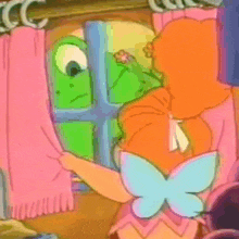a cartoon girl with a butterfly on her back is looking out a window