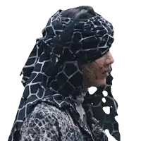 a person wearing a scarf around their head with a giraffe print
