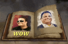 an open book with two pictures of men and the words wow