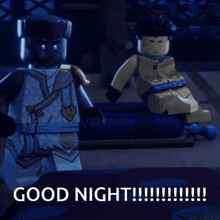 a ninjago character says good night while sitting down