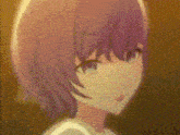 a close up of a purple haired anime girl 's face with a yellow background .