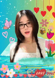 a girl with glasses is surrounded by hearts and flowers and a love your sign