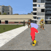 a person in a red outfit is running in front of a building