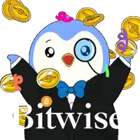 a penguin with a magnifying glass surrounded by gold coins and the word bitwise penguin