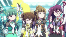 a group of anime girls are standing next to each other and one of them has the letter u on her head