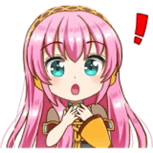 a cartoon girl with pink hair and blue eyes is wearing headphones and making a surprised face .