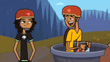 two cartoon characters are standing next to each other in a bucket . one of the characters is wearing a helmet .