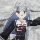 a girl with long blue hair is standing in the snow with her arms outstretched