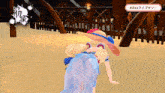 a girl in a blue dress and hat is crawling on the ground