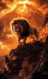 a lion is standing on top of a rocky cliff in front of a volcano .