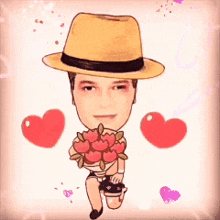 a cartoon of a man wearing a hat and holding a bouquet of flowers