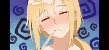 a girl with a thermometer in her mouth and a blue background with swirls