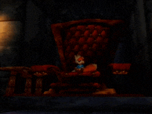 a cartoon fox is sitting in a chair in a dark room