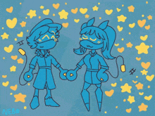 a drawing of a boy and a girl holding hands with hearts in the background