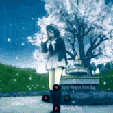 a girl in a school uniform is standing in front of a tree with flowers