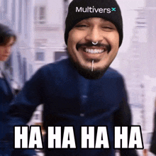 a man wearing a hat that says multivers on it is laughing