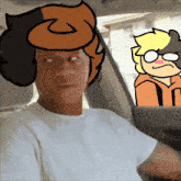a man in a car with a cartoon character on his head behind him