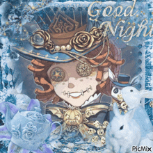 a picture of a girl in a top hat with the words good night written above her