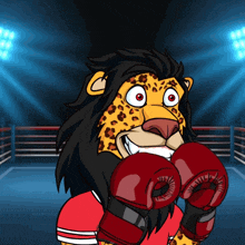 a cheetah wearing red boxing gloves in a boxing ring