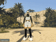 a screenshot of a video game shows a person wearing a polka dot outfit